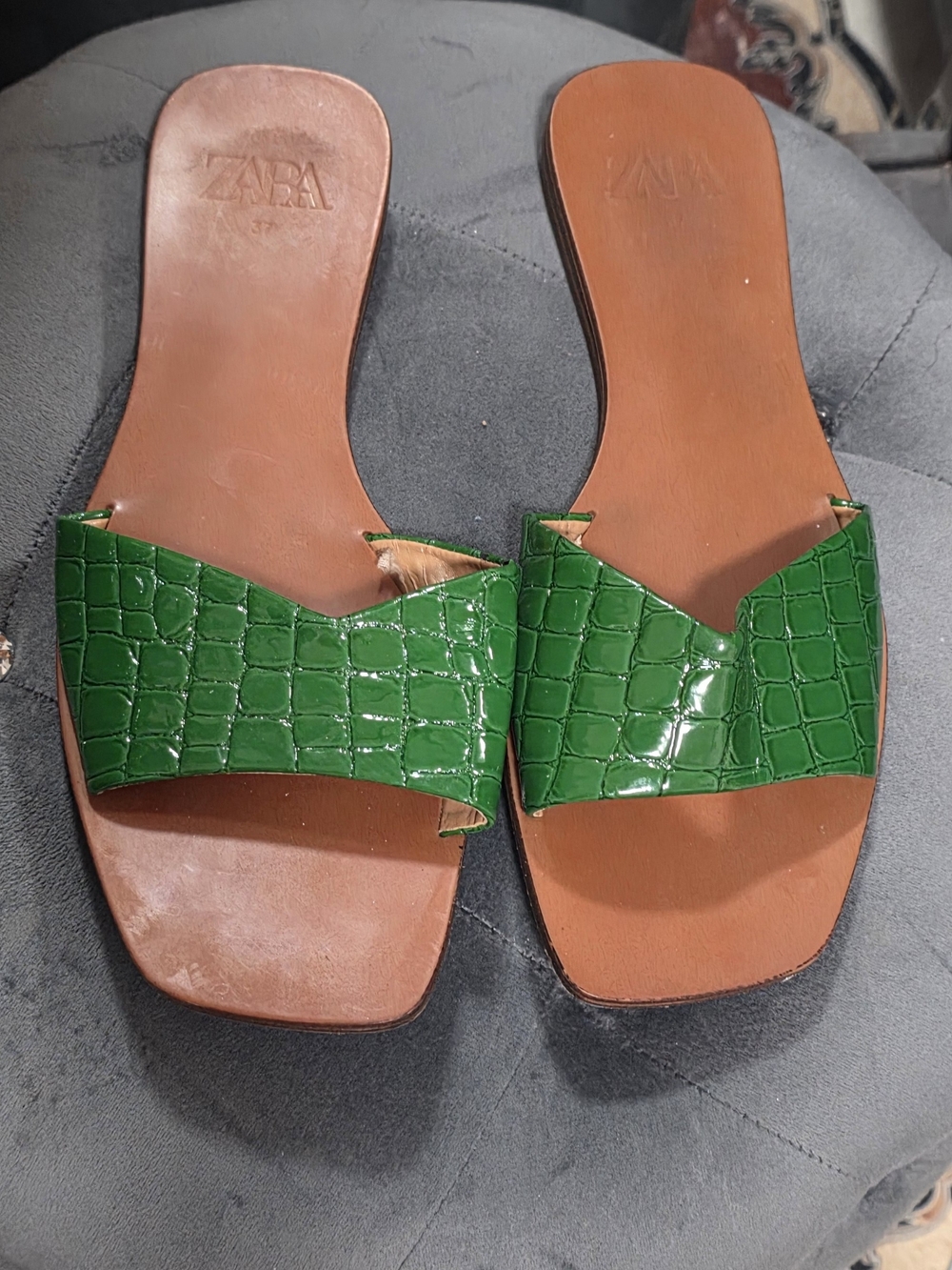 Zara Green Croc-Embossed Slide Sandals - Women Size 7.5